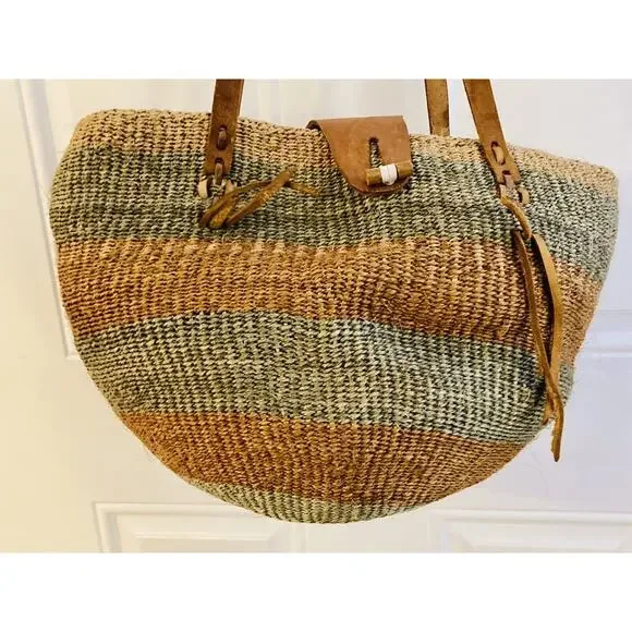 Vtg Woven Jute Leather Strap Straw Sisal Market Round Tote Shoulder Bag Purse - Picture 3 of 12